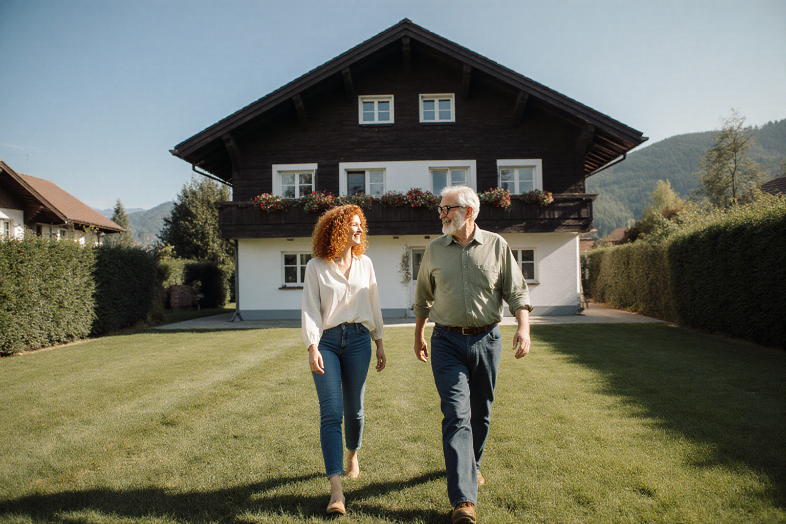 herzlicher gemeinsamer Gartenrundgang vor normalem österreichischem Haus mit Holzgeschoss, ganze Personen und plausible Hände, natürliche warme Sonne und klare regionale Architektur