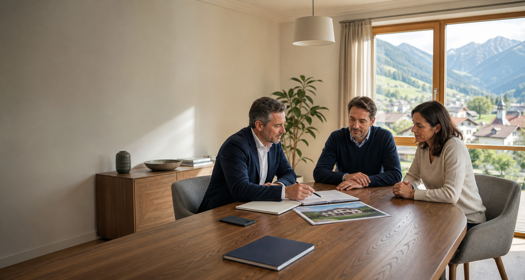 Beratungsgespräch mit Immobilienunterlagen an einem Tisch.